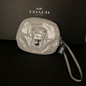 Small Coach Silver Shimmer Treated Leather Wristlet/wallet